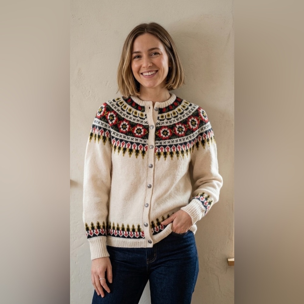 Handknit in Norway Cream Fair Isle Button-Up Wool Knit Sweater Size OS